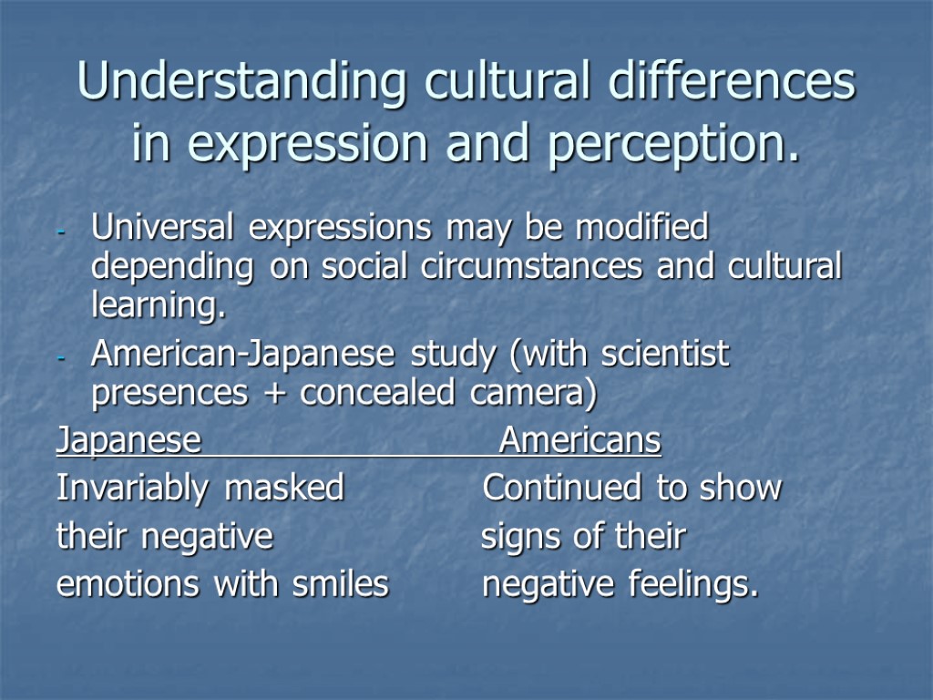 Understanding cultural differences in expression and perception. Universal expressions may be modified depending on